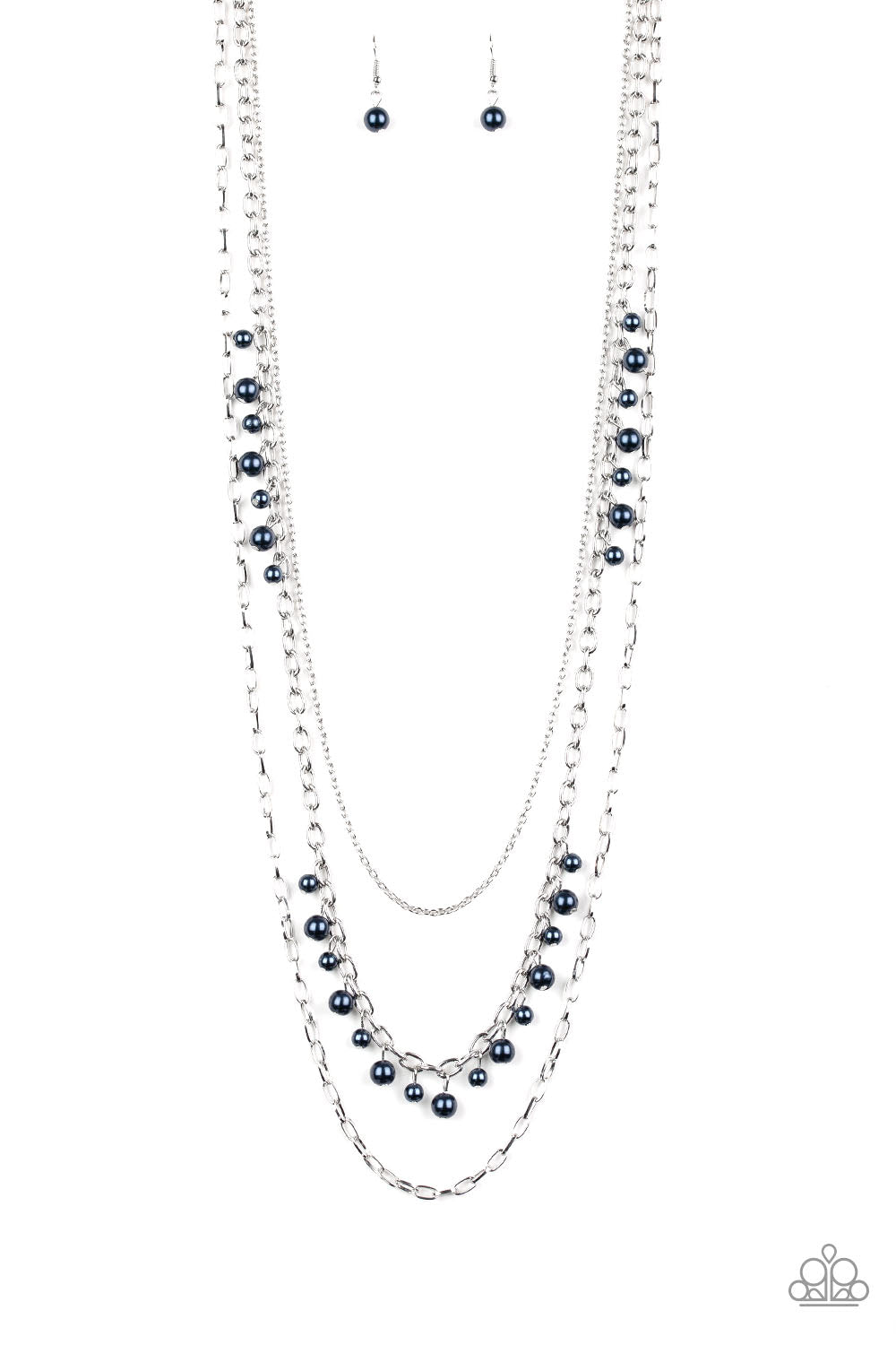 Three mismatched silver chains layer down the chest. Dainty blue pearls cascade down one silver chain, adding a flirty twist to the timeless pearl palette. Features an adjustable clasp closure. Sold as one individual necklace. Includes one pair of matching earrings.