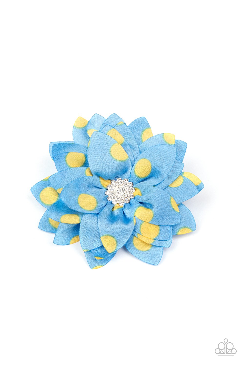 Playfully dotted in yellow polka dots, silky blue petals fan out from a white rhinestone encrusted centerpiece for a fabulous look. Features a standard hair clip on the back. Sold as one individual hair clip.