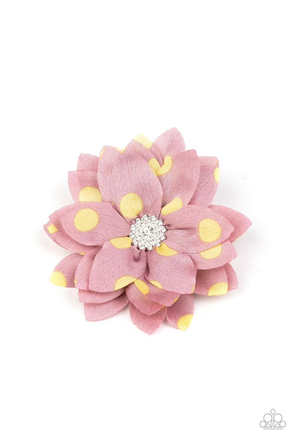 Women's pink bow with yellow dots and white rhinstone center