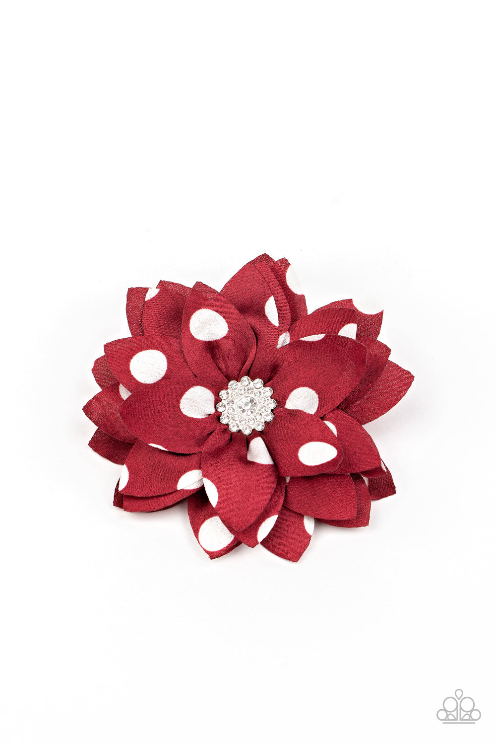 Playfully dotted in white polka dots, silky red petals fan out from a white rhinestone encrusted centerpiece for a fabulous look. Features a standard hair clip on the back. Sold as one individual hair clip.