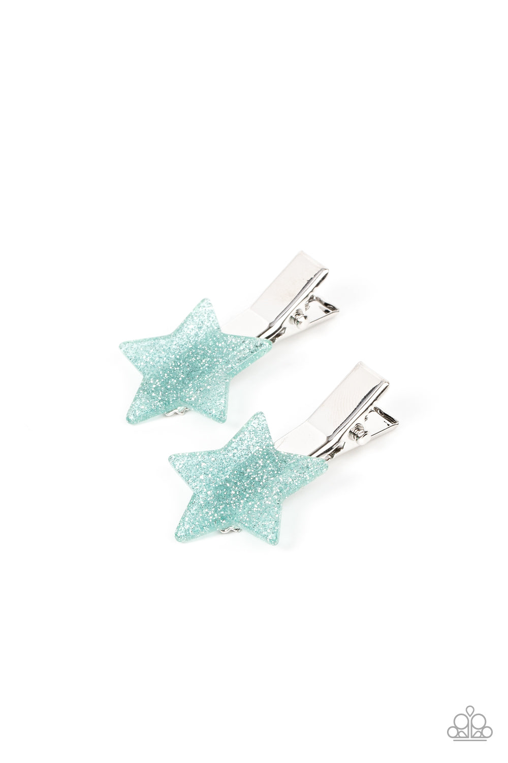 Sprinkled in glitter, a pair of blue acrylic stars pull back the hair for a stellar fashion. Features standard hair clips on the back. Sold as one pair of hair clips.