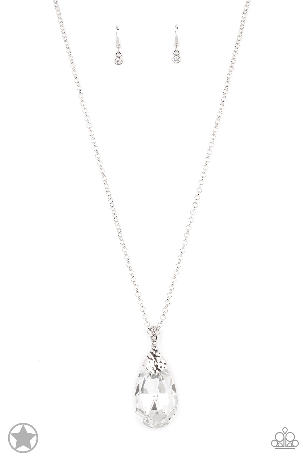 Infused with an elegantly elongated silver chain, a dramatic teardrop gem swings from the bottom of a white rhinestone encrusted silver fitting, creating a hypnotic pendant. Features an adjustable clasp closure. Sold as one individual necklace. Includes one pair of matching earrings.
