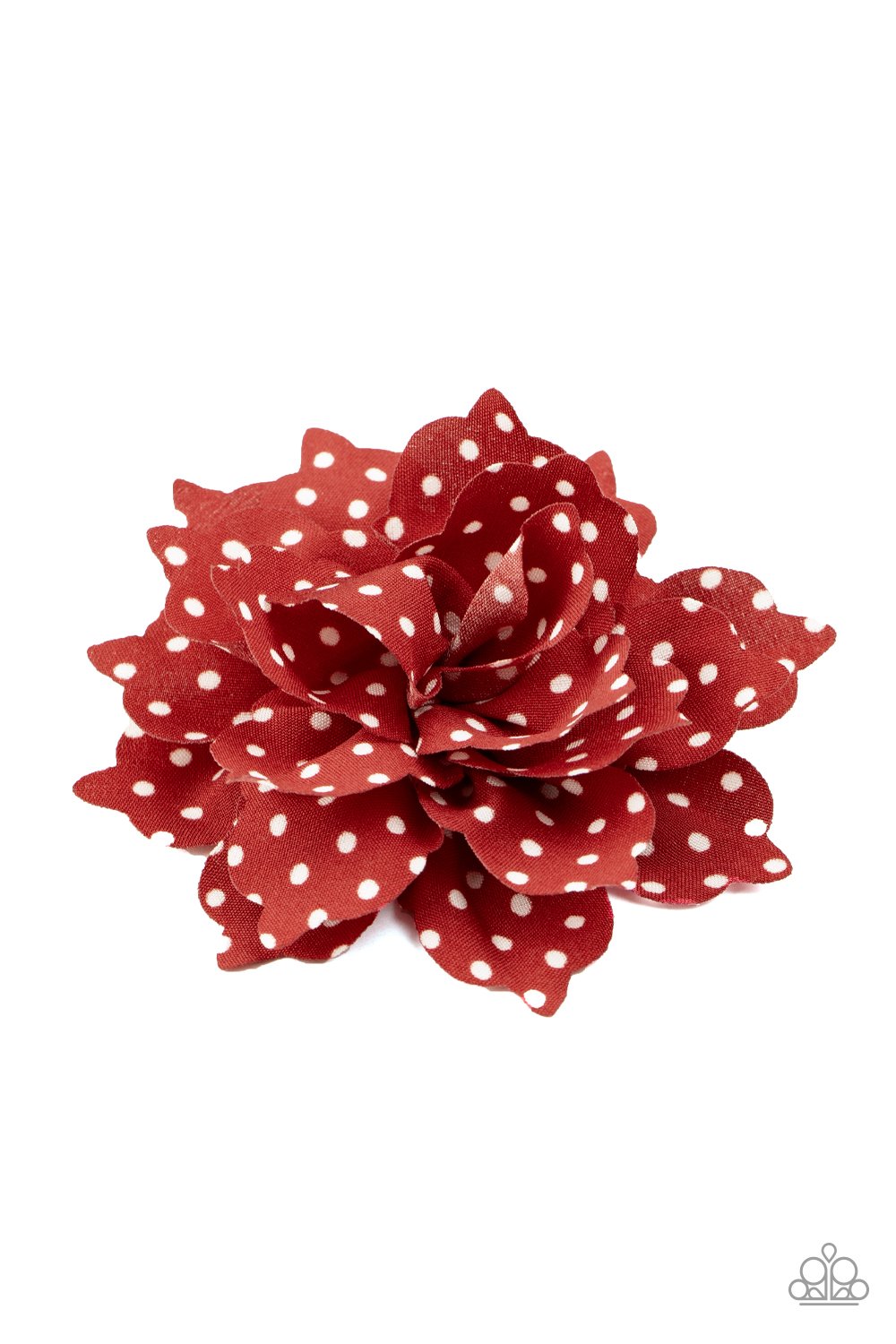 Dotted in white polka dots, soft navy red petals gather into a playful blossom for a seasonal look. Features a standard hair clip. Sold as one individual hair clip.