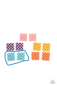Kid's square earrings with blue background with white polka dots