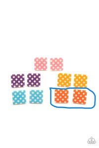 Kid's square earrings with orange background with white polka dots (actual earrings look red)