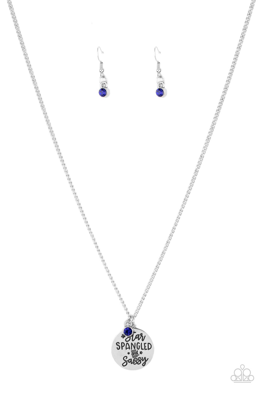 Women's silver necklace with silver disk with "Star Spangled and Sassy" engraved on it and a blue rhinestone pendant with it (with blue rhinestone solitare earrings)