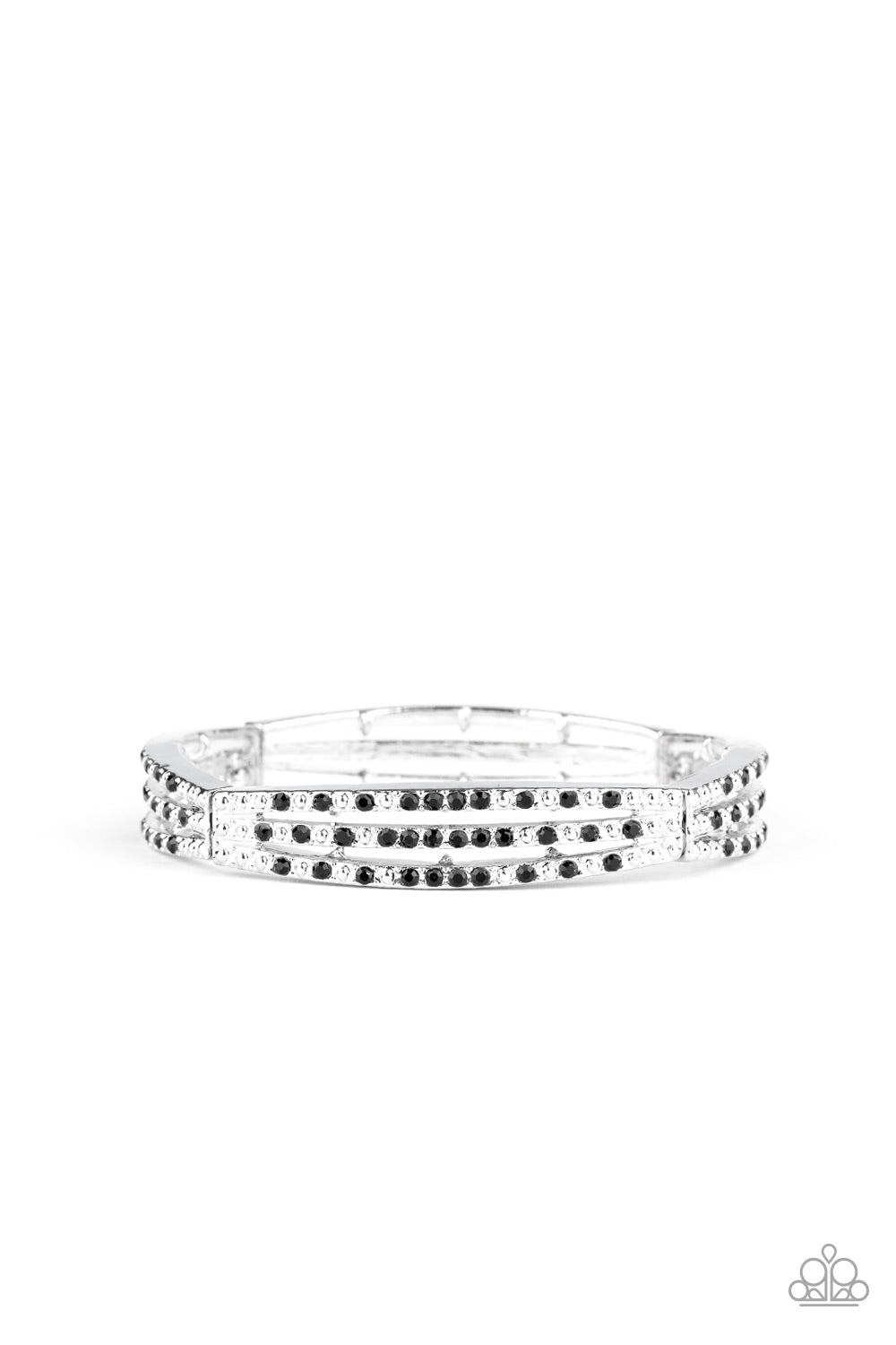 Sporadically dotted in rows of glittery black rhinestones and shiny silver studs, stacked silver frames are threaded along a stretchy band around the wrist for a refined look. Sold as one individual bracelet.