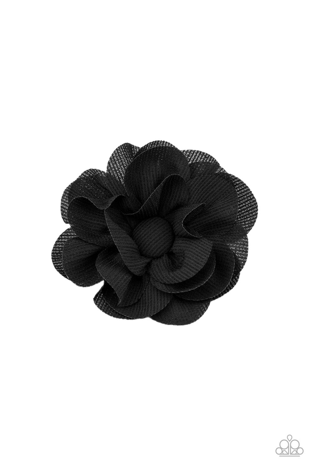 Black textured chiffon petals delicately gather around a matching button-top center, layering into a whimsical blossom. Features a standard hair clip on the back. Sold as one individual hair clip.