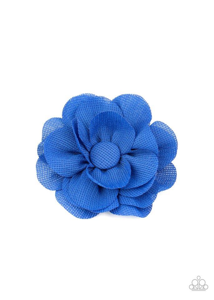 Blue textured chiffon petals delicately gather around a matching button-top center, layering into a whimsical blossom. Features a standard hair clip on the back. Sold as one individual hair clip.