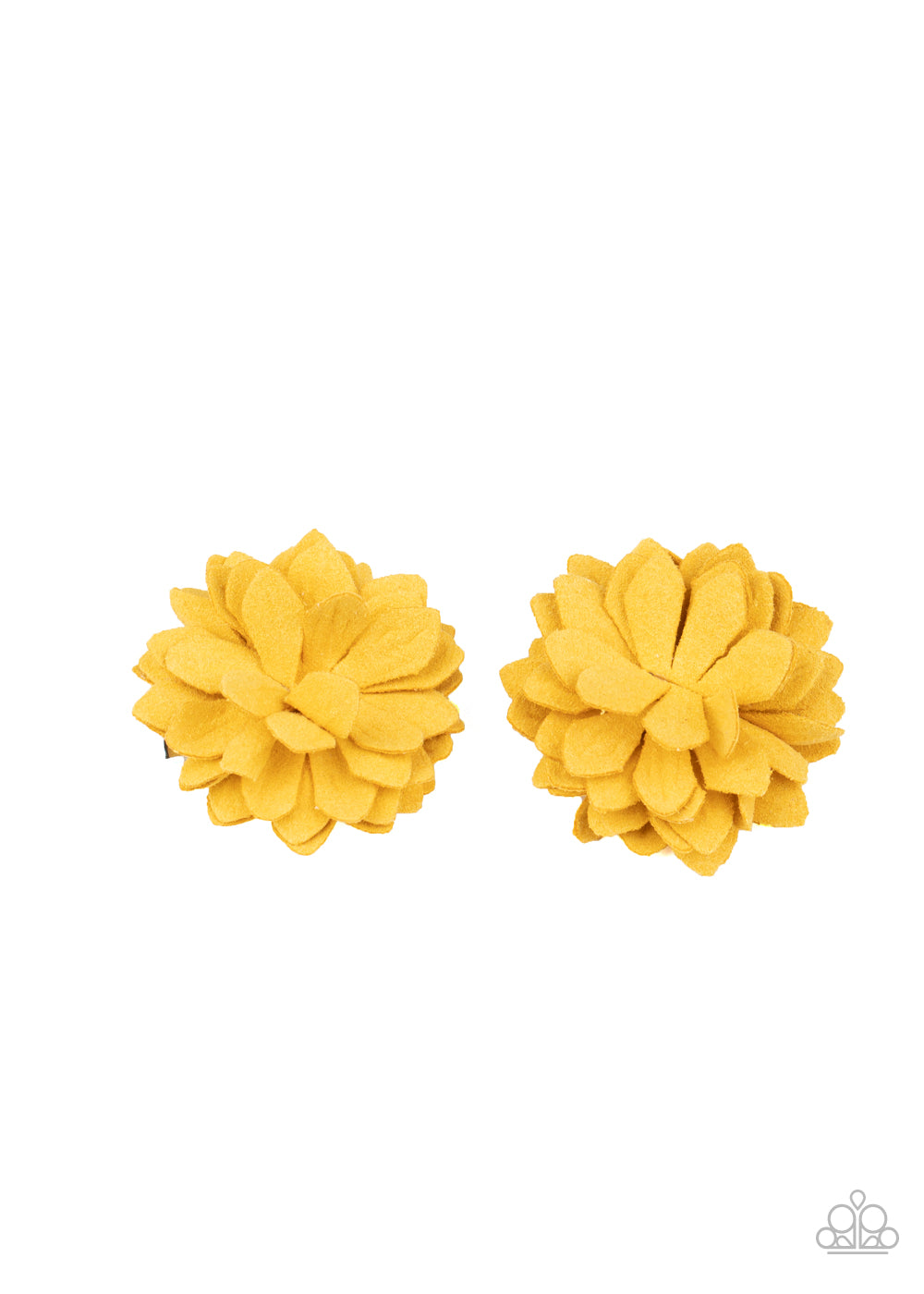 Yellow paper-like petals delicately gather into a pair of dainty blossoms for a whimsical look. Each flower features a standard hair clip on the back. Sold as one pair of hair clips.