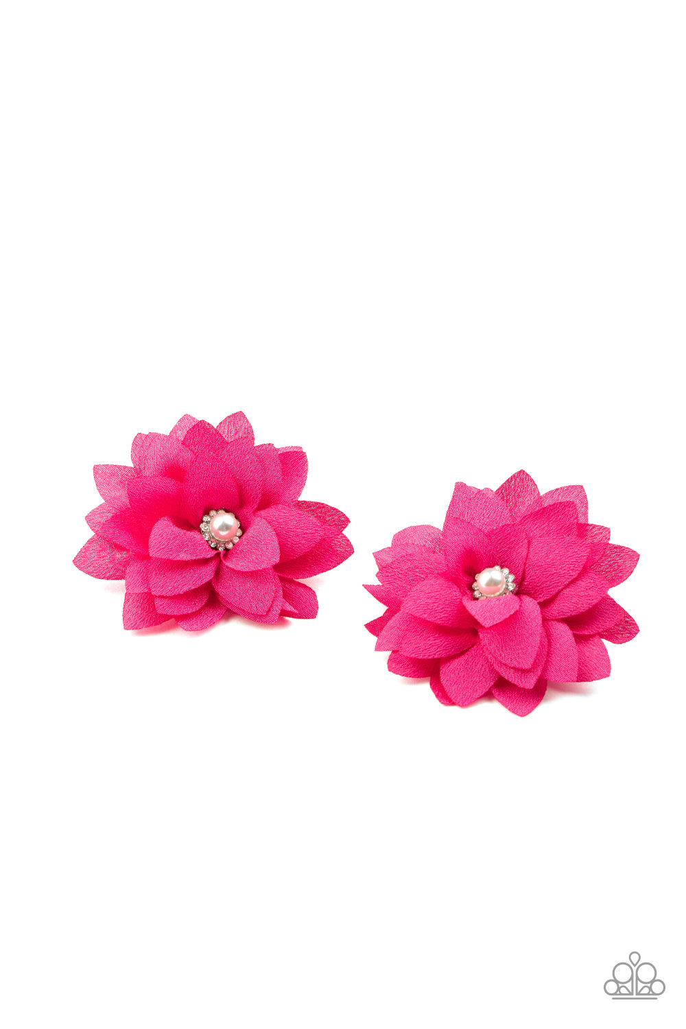 Dotted with dainty white pearl and white rhinestone encrusted centerpieces, pink chiffon petals delicately bloom into a pair of elegant blossoms. Features standard hair clips. Sold as one pair of hair clips.
