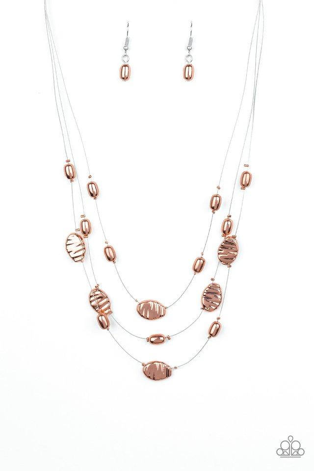 Featuring smooth and delicately hammered finishes, mismatched shiny copper beads are threaded along dainty silver wire, creating floating layers below the collar. Features an adjustable clasp closure. Sold as one individual necklace. Includes one pair of matching earrings