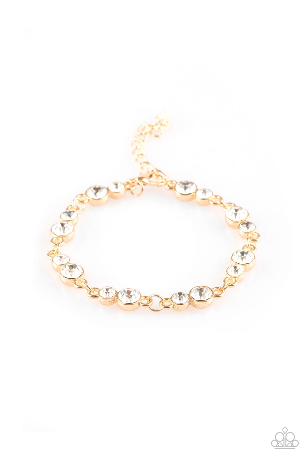 Varying in size, pairs of glassy white rhinestones are encrusted along glistening gold frames and linked around the wrist for a timeless finish. Features an adjustable clasp closure. Sold as one individual bracelet.