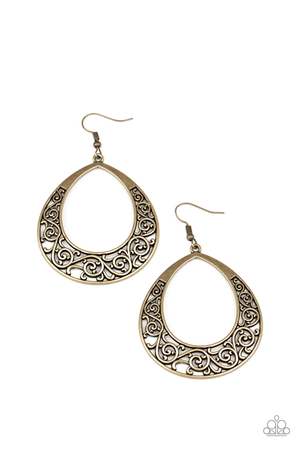 Vine-like filigree swirls along the bottom of a thick brass teardrop frame, creating a whimsical display. Earring attaches to a standard fishhook fitting. Sold as one pair of earrings.