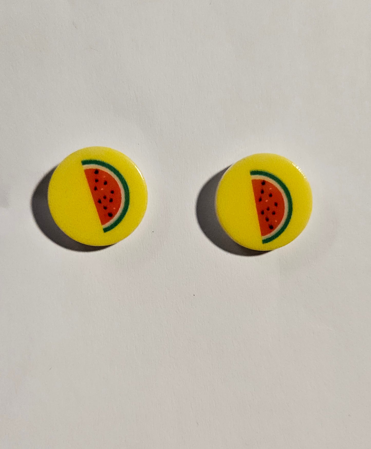 Kid's round yellow earrings with watermelon in center