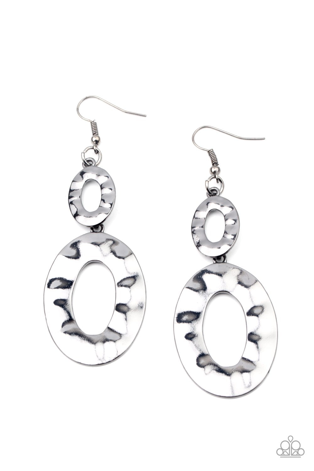 A mismatched pair of hammered silver ovals delicately link into a blinding metallic lure. Earring attaches to a standard fishhook fitting.
Sold as one pair of earrings.