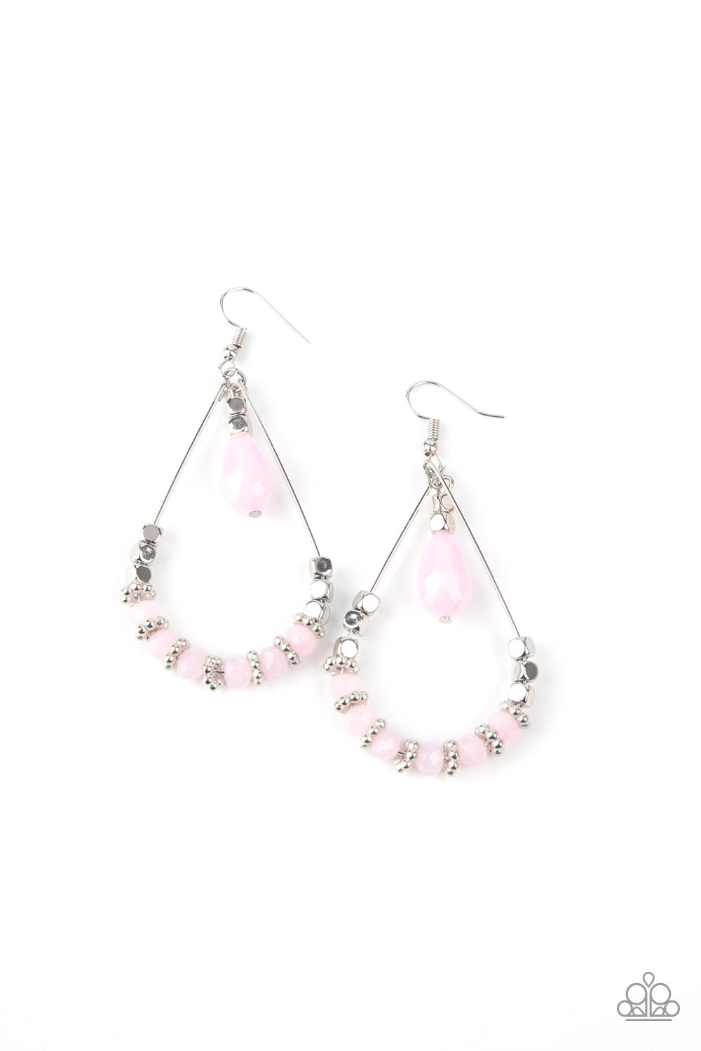 A dainty collection of studded silver rings, dewy pink crystal-like beads, and shimmery silver cube beads are threaded along the bottom of a dainty wire teardrop. A matching silver cube beaded teardrop swings from the top of the airy frame for a whimsical finish. Earring attaches to a standard fishhook fitting. Sold as one pair of earrings.