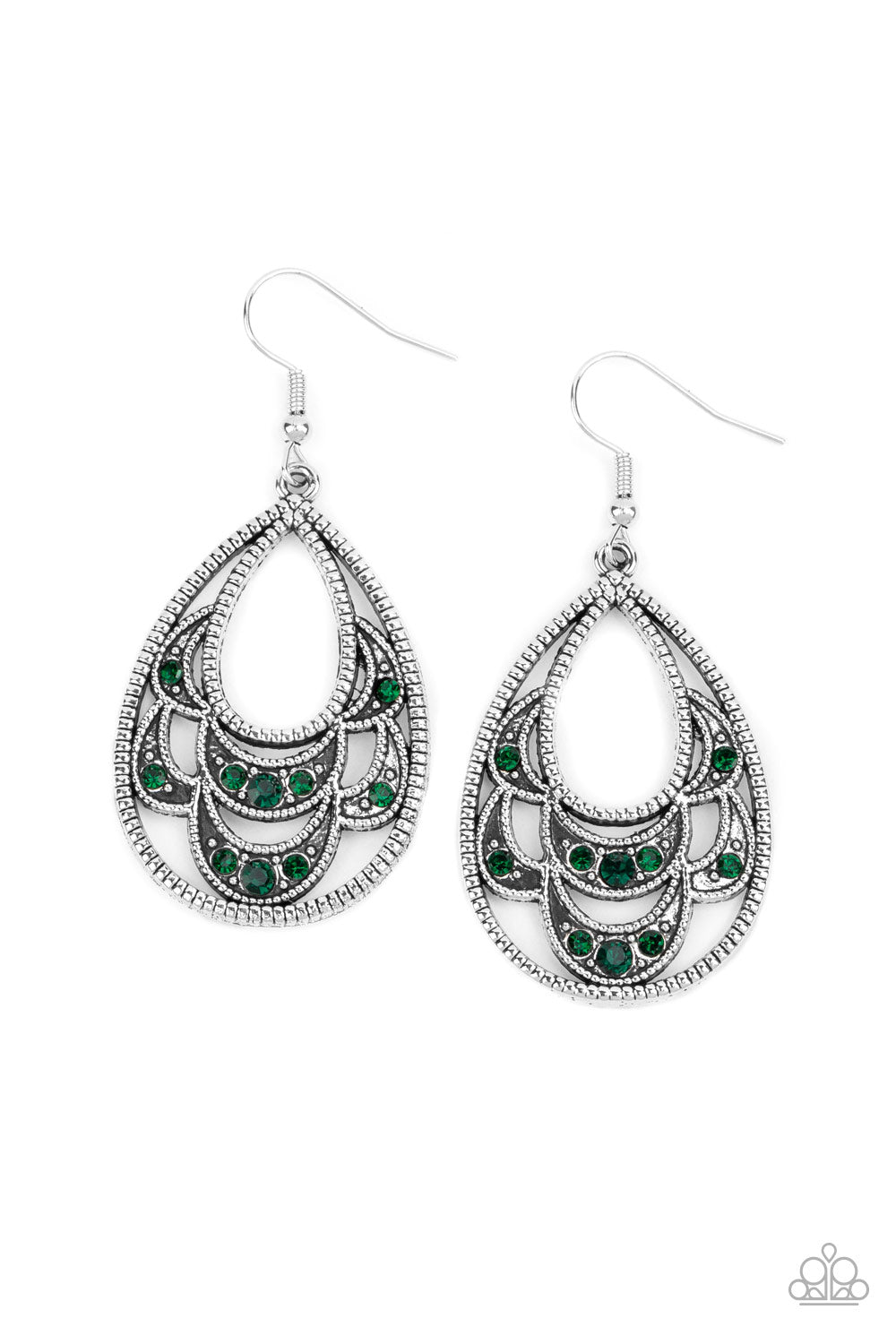 Dotted in dainty green rhinestones, studded silver petals layer into an ornate silver teardrop for a whimsical look. Earring attaches to a standard fishhook fitting. Sold as one pair of earrings.
