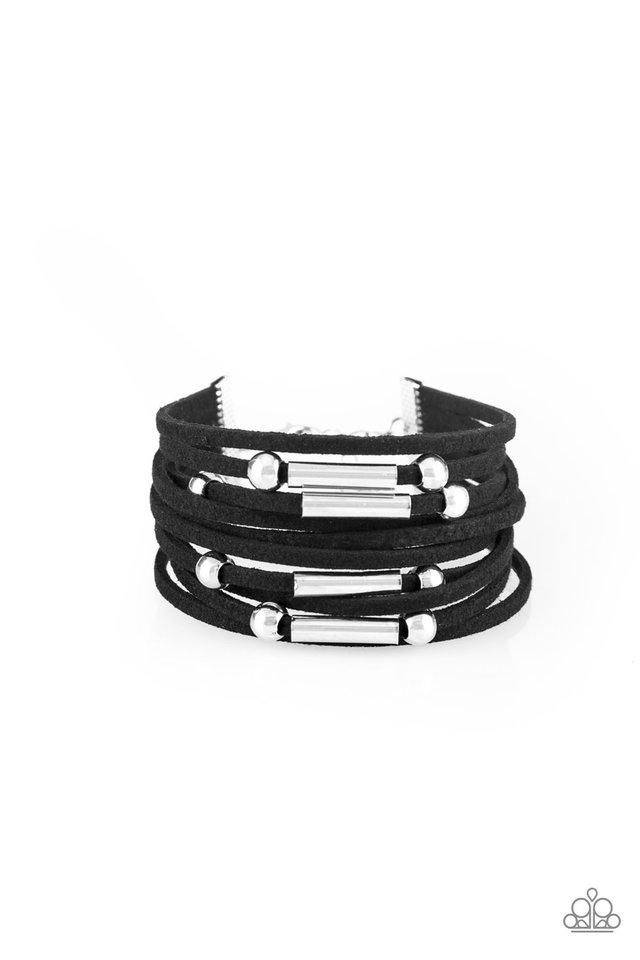 Strung between two silver fittings, glistening silver accents slide along strands of black suede for a seasonal look. Features an adjustable clasp closure. Sold as one individual bracelet.