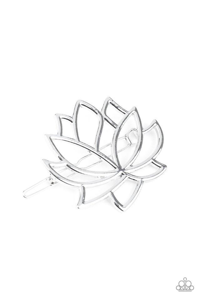 An airy silver lotus blooms into a whimsical floral display. Features a clamp barrette closure. Sold as one individual hair clip.