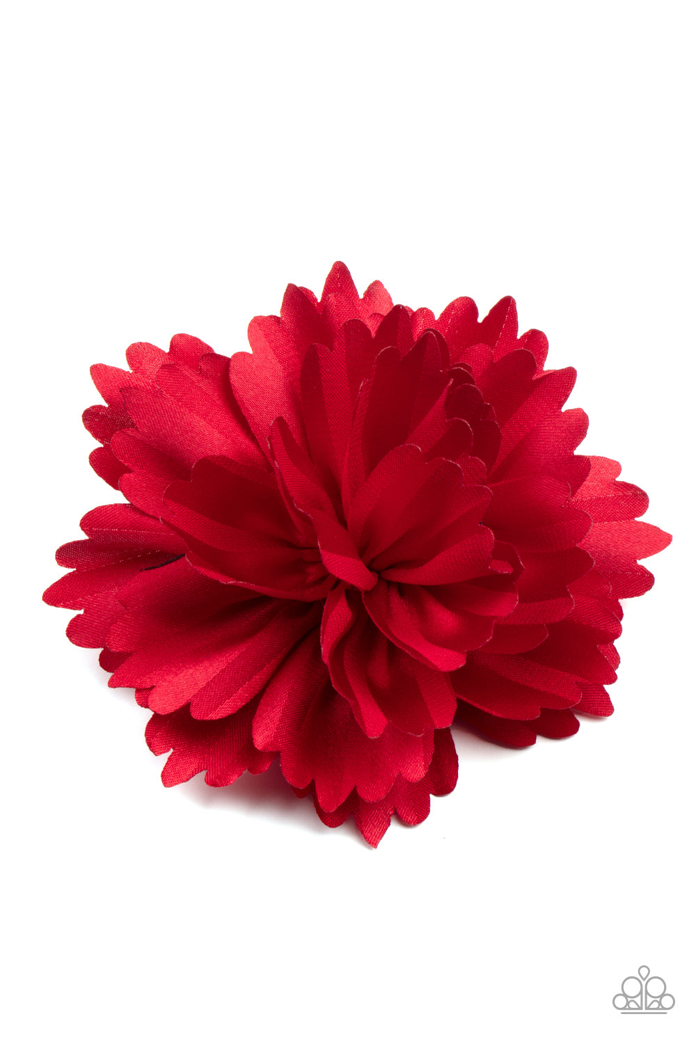 Layers of scalloped red petals gather into an elegant satin blossom, creating a timeless display. Features a standard hair clip on the back. Sold as one individual hair clip.