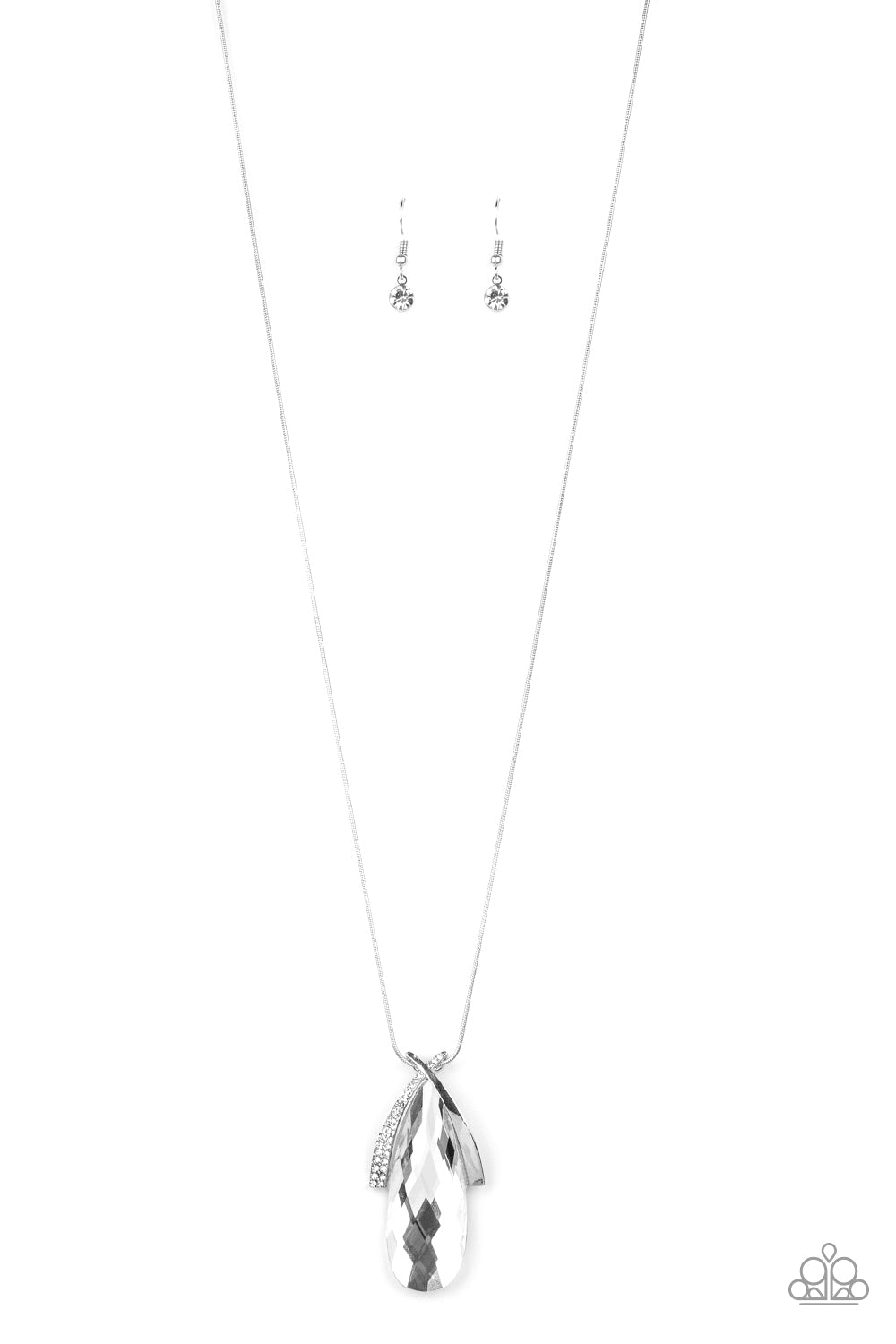A white rhinestone encrusted frame and smooth silver frame overlap at the top of a faceted white teardrop gem, creating a dramatic pendant. The refined pendant swings from the bottom of a rounded snake chain for a sleek finish. Features an adjustable clasp closure. Sold as one individual necklace. Includes one pair of matching earrings.