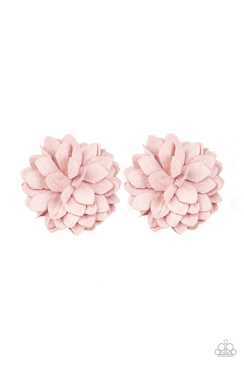 Pink paper-like petals delicately gather into a pair of dainty blossoms for a whimsical look. Each flower features a standard hair clip on the back. Sold as one pair of hair clips.