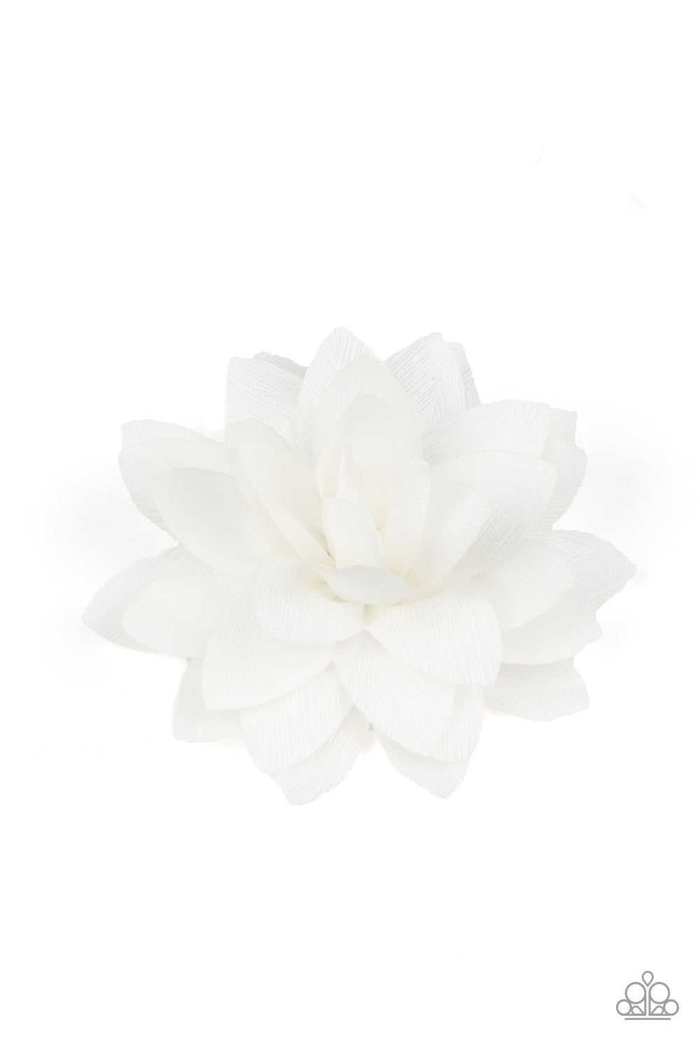 Flecked in shimmer, silky white petals bloom into an elegant blossom. Features a standard hair clip on the back. Sold as one individual hair clip.