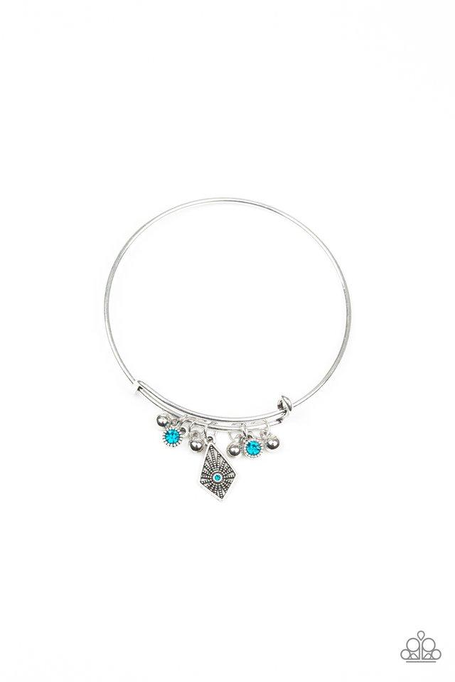 A collection of shimmery silver beads and glittery blue rhinestone accents that slide along a sleek bar fitting, creating whimsical charms as they glide along the dainty silver bangle. Sold as one individual bracelet.