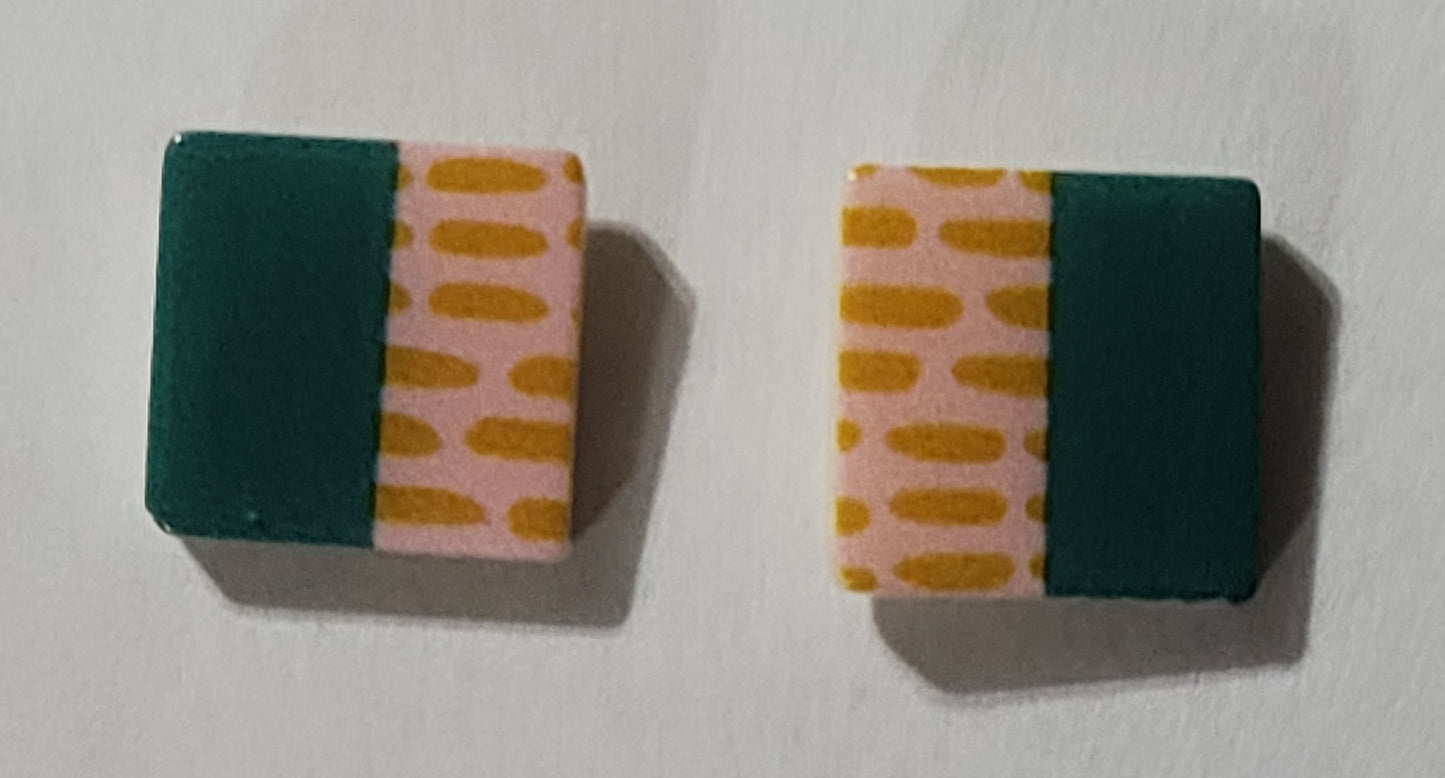 Kids' square shaped earrings with peach with dark peach stripes on one half and teal on the other