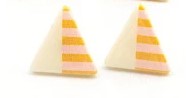 Kids' triangle shaped earrings with white on one half and peach with darker peach stripes on the other half