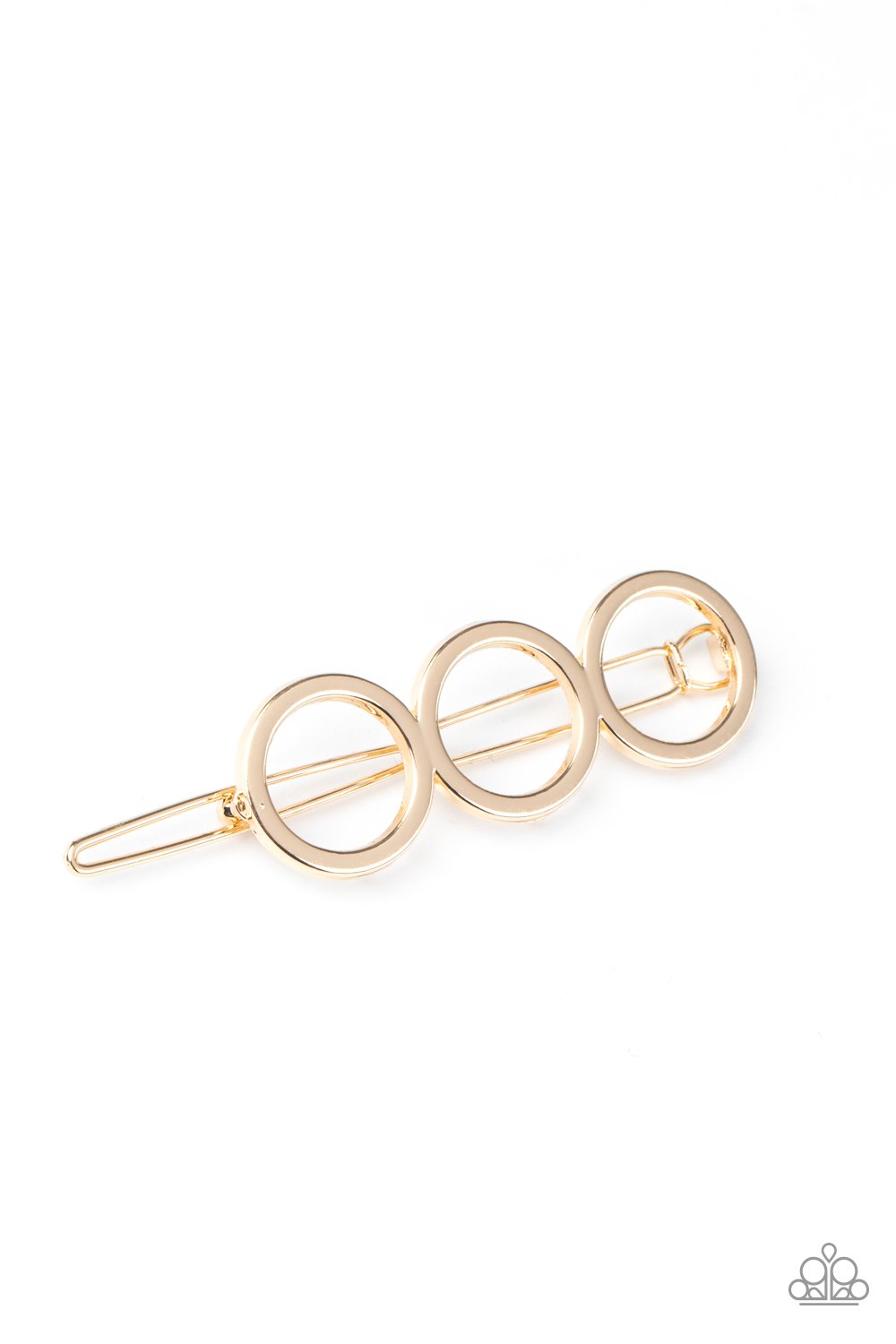 A trio of gold rings delicately connect into an airy minimalist inspired frame. Features a clamp barrette closure. Sold as one individual hair clip.