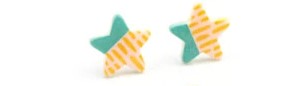 Kid's star earrings with teal on one half and peach with darker peach stripes on the other half
