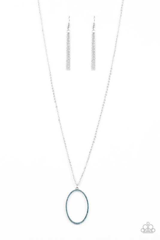 Encrusted in glassy blue rhinestones, an airy silver hoop swings from the bottom of a lengthened silver chain for a refined flair. Features an adjustable clasp closure. Sold as one individual necklace. Includes one pair of silver fringe earrings.