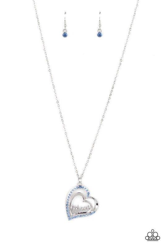 The word "Mom" floats inside an airy heart-shaped frame. A second heart encrusted with dewy blue rhinestones encircles the centerpiece as it sways from a lengthened silver chain for a sweet token of love. Features an adjustable clasp closure.  Sold as one individual necklace. Includes one pair of matching earrings.