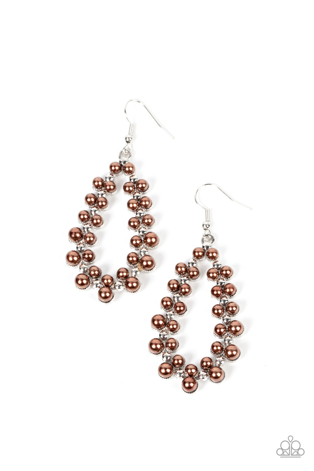 Encased in sleek silver fittings, bubbly clusters of brown pearls adorn the front of a studded silver teardrop for a timeless look. Earring attaches to a standard fishhook fitting. Sold as one pair of earrings.