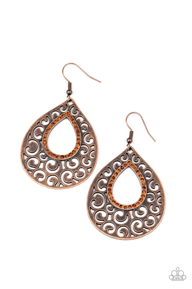Encrusted in glittery topaz rhinestones, an teardrop silhouette is pressed into an airy copper backdrop of whimsical filigree for a casual look. Earring attaches to a standard fishhook fitting. Sold as one pair of earrings.