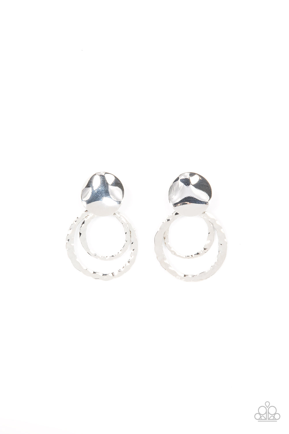 Two shiny hammered silver circles swing from a wavy silver disc, creating a captivating lure. Earring attaches to a standard post fitting. Sold as one pair of post earrings.