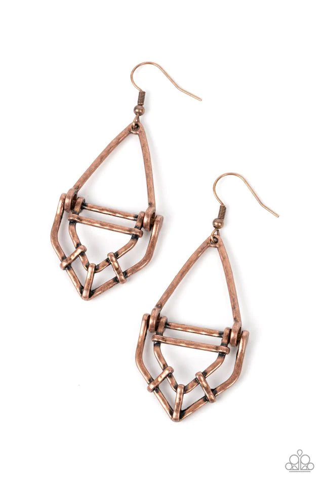 Brushed in a shiny finish, hammered copper bars and copper fittings attach to an edgy geometric lure for a versatile vibe. Earring attaches to a standard fishhook fitting. Sold as one pair of earrings.