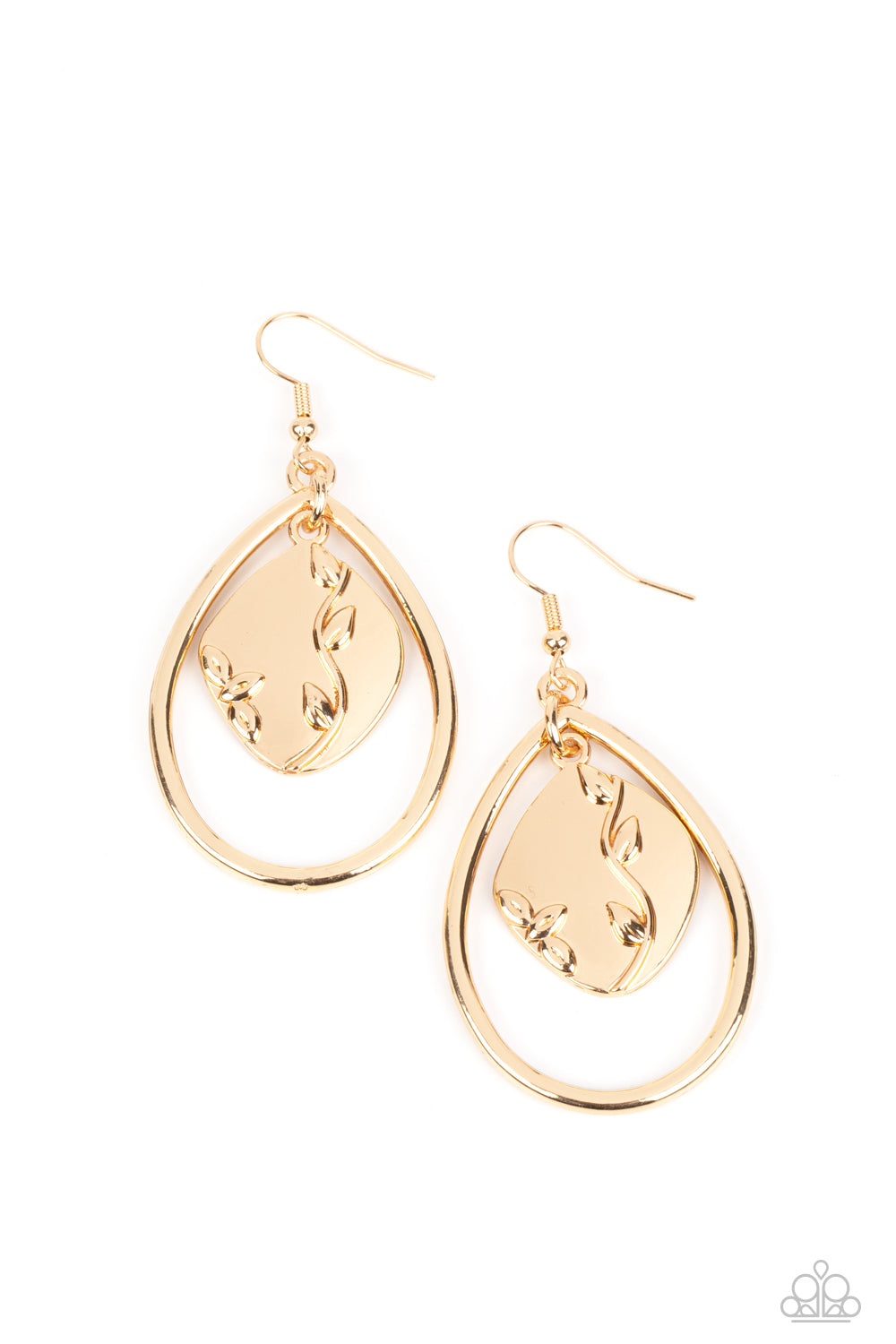 A cheerful pendant, embossed with shiny gold vines, swings freely within a teardrop frame for a seasonal style. Earring attaches to a standard fishhook fitting. Sold as one pair of earrings.