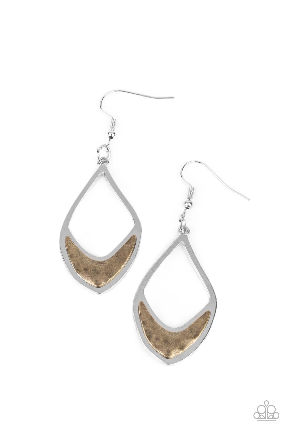Adorned with a hammered brass geometrical accent, an asymmetrical silver teardrop frame swings from the ear for a rustic flair. Earring attaches to a standard fishhook fitting. Sold as one pair of earrings.