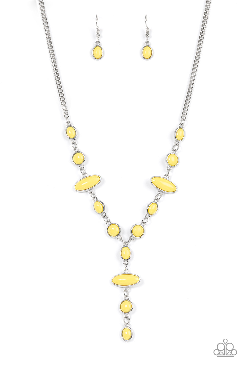 Encased in sleek silver frames, bubbly yellow oval and round beads link into a colorful display, resulting in a playful extended pendant below the collar. Features an adjustable clasp closure. Sold as one individual necklace. Includes one pair of matching earrings.