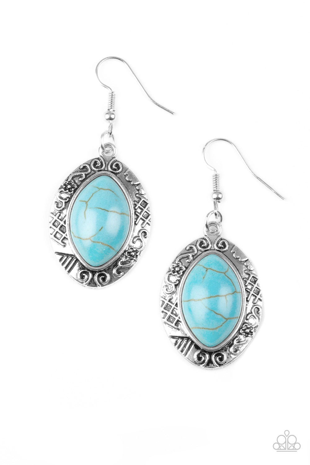 A refreshing turquoise stone is pressed into the center of a glistening silver frame radiating with floral and tribal inspired patterns for a seasonal look. Earring attaches to a standard fishhook fitting. Sold as one pair of earrings.