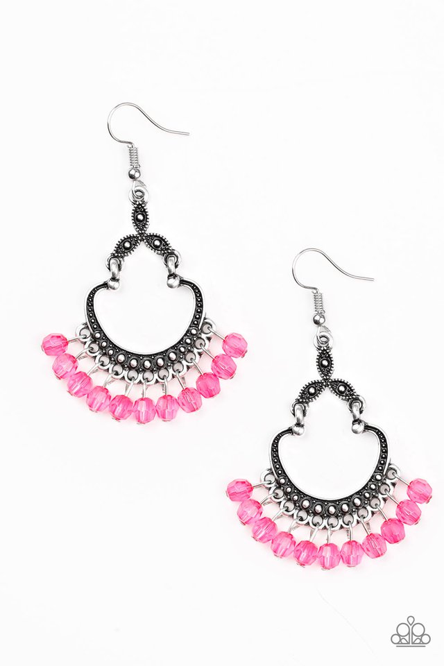 Faceted pink beads swing from the bottom of a studded silver frame, creating a whimsical lure. Earring attaches to a standard fishhook fitting. Sold as one pair of earrings.