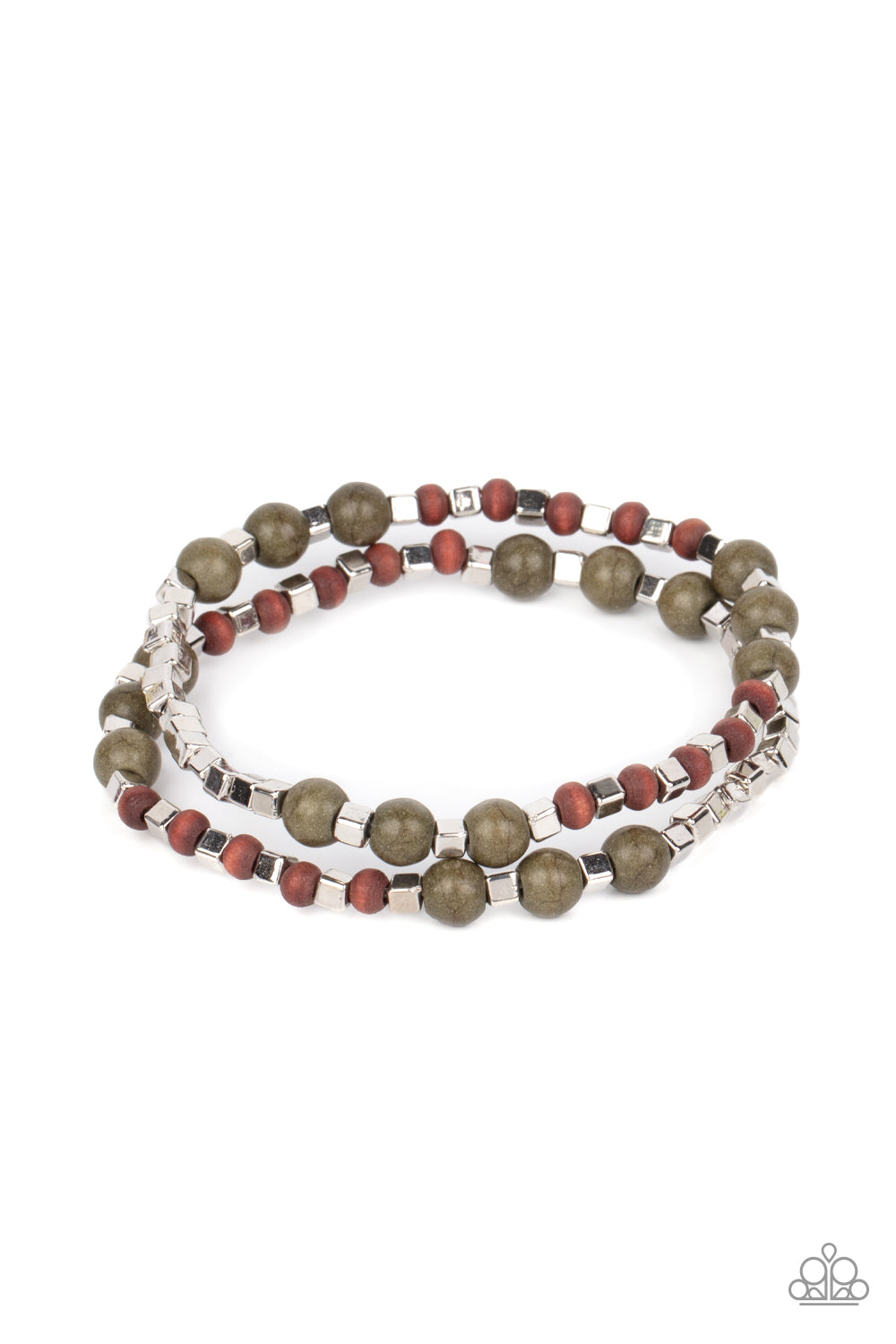 An earthy assortment of Olive stone, wood, and silver cube beads are threaded along stretchy bands around the wrist, creating a grounding duo. Sold as one pair of bracelets.