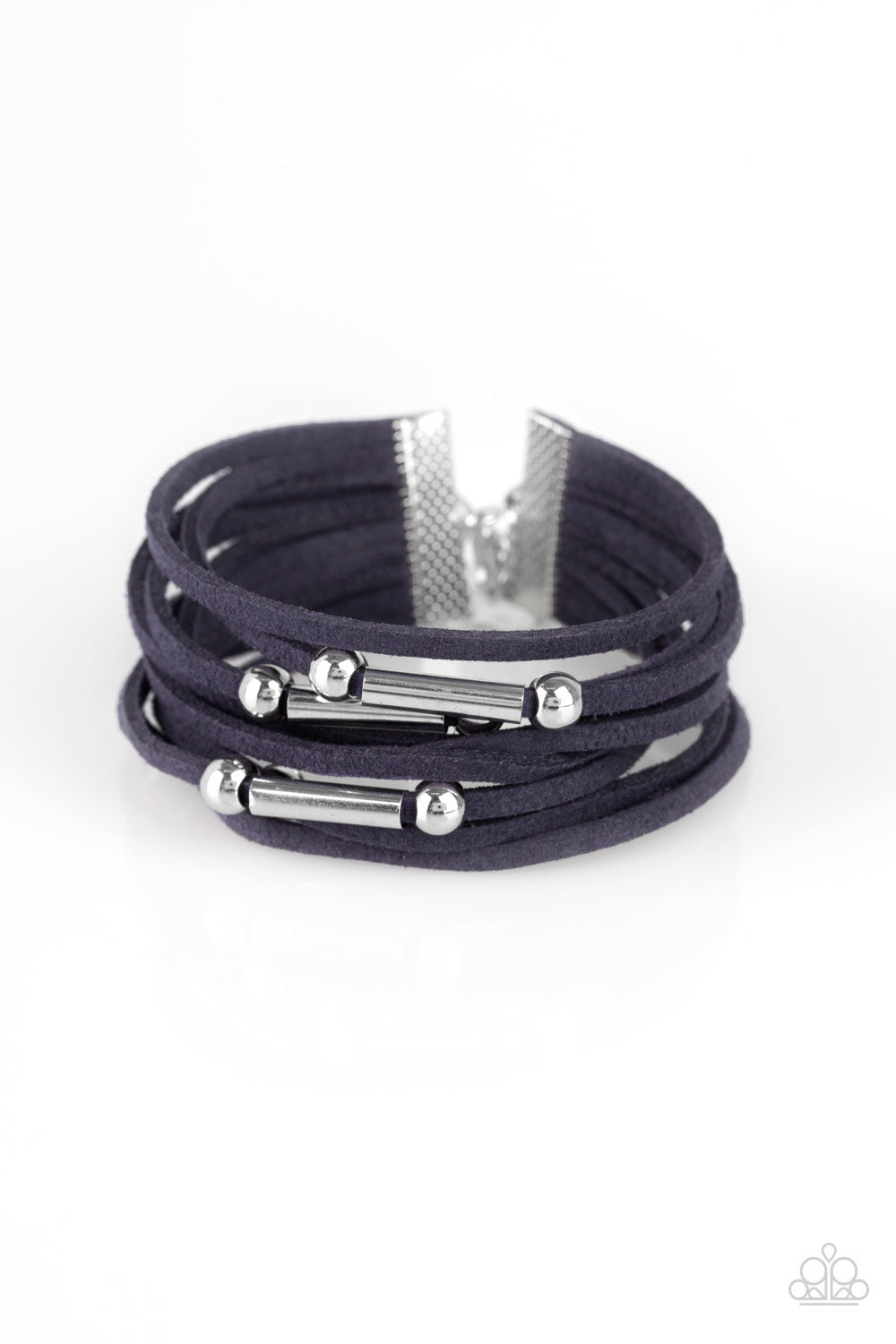 Dainty silver beads and shiny silver accents slide along rows of refreshing blue suede for a seasonal look. Features an adjustable clasp closure. Sold as one individual bracelet.
