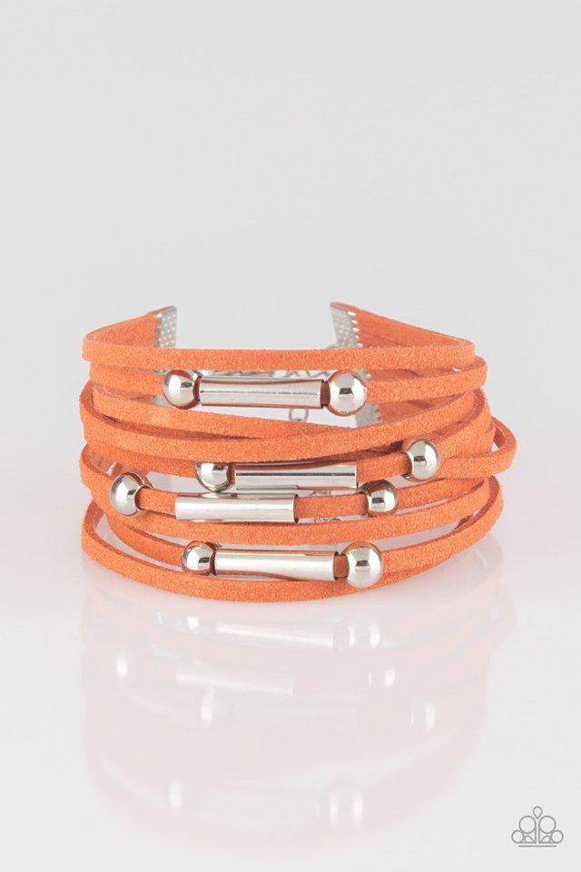 Dainty silver beads and shiny silver accents slide along rows of refreshing orange suede for a seasonal look. Features an adjustable clasp closure. Sold as one individual bracelet.