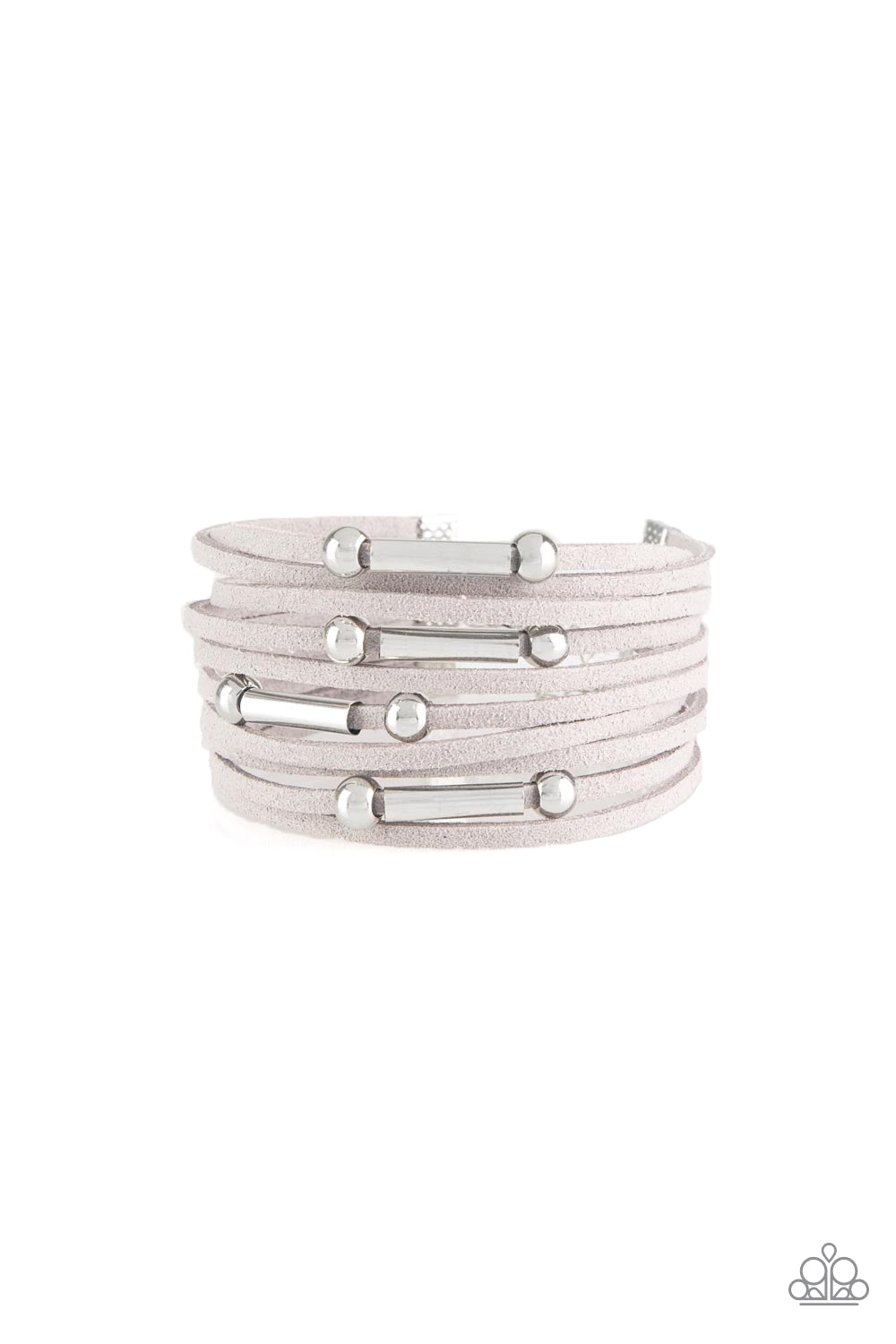 Strung between two silver fittings, glistening silver and gunmetal accents slide along strands of gray suede for a seasonal look. Features an adjustable clasp closure. Sold as one individual bracelet.