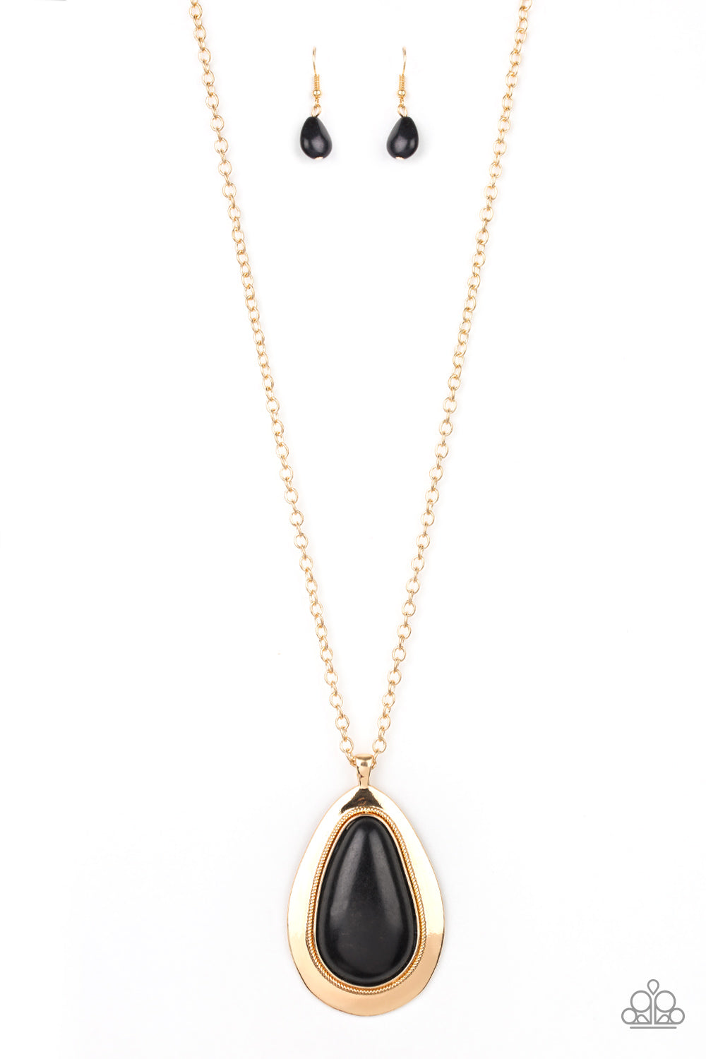 A dramatic black stone teardrop is pressed into a glistening gold frame radiating with rustic patterns. The impressive pendant swings from the bottom of a lengthened gold chain for a seasonal look. Features an adjustable clasp closure. Sold as one individual necklace. Includes one pair of matching earrings.