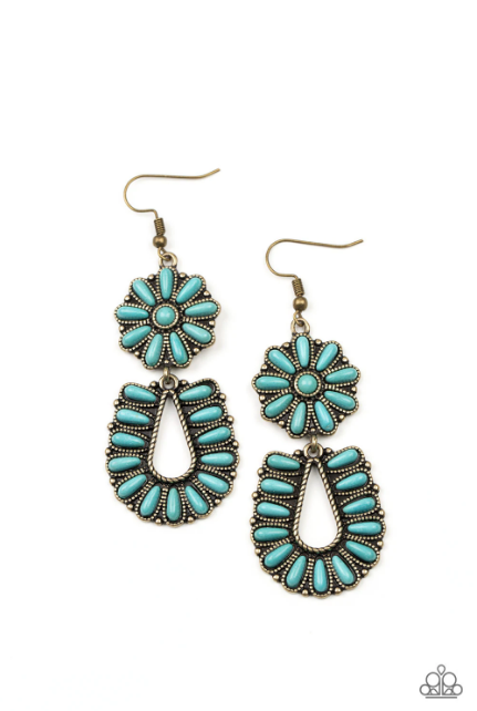 Infused with studded brass fittings, two turquoise stone frames connect into a squash blossom for an authentically southwestern inspired look. Earring attaches to a standard fishhook fitting. Sold as one pair of earrings.